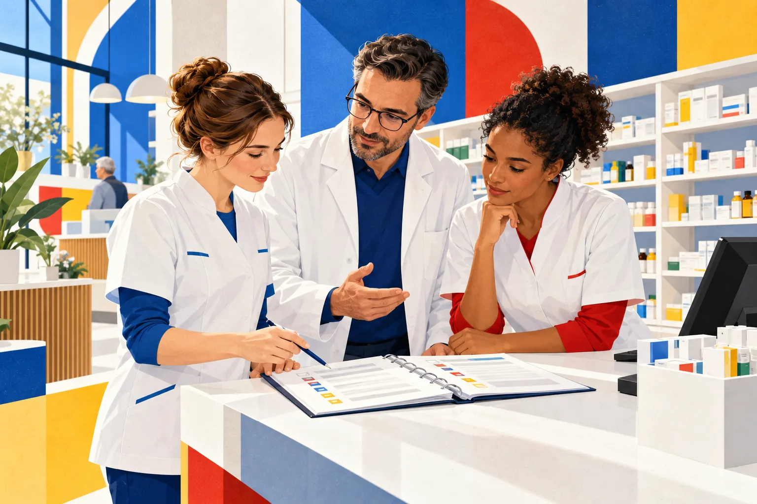 Apotheken-QMS & ApBetrO: Illustration einer gemeinsamen Schulung von Pharma-Fachkräften für Apotheke