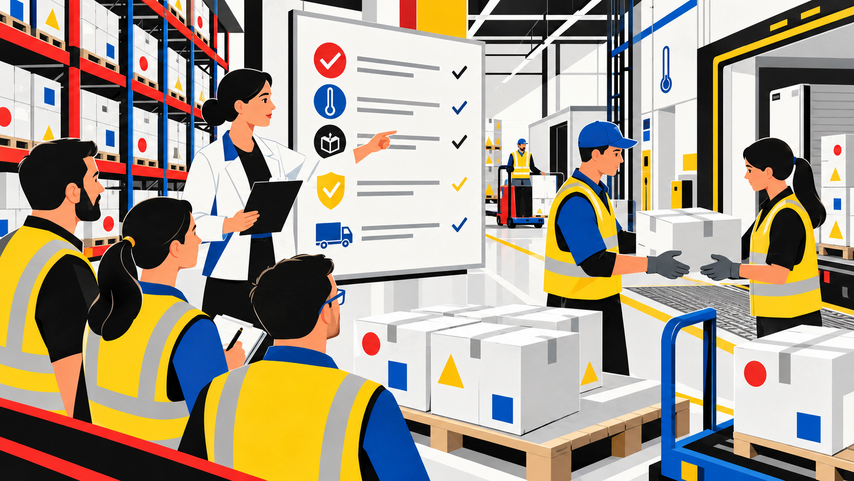 Notfall- & Krisenlogistik: Illustration einer gemeinsamen Schulung von Pharma-Fachkräften an einer GDP-Checkliste im Pharmalager